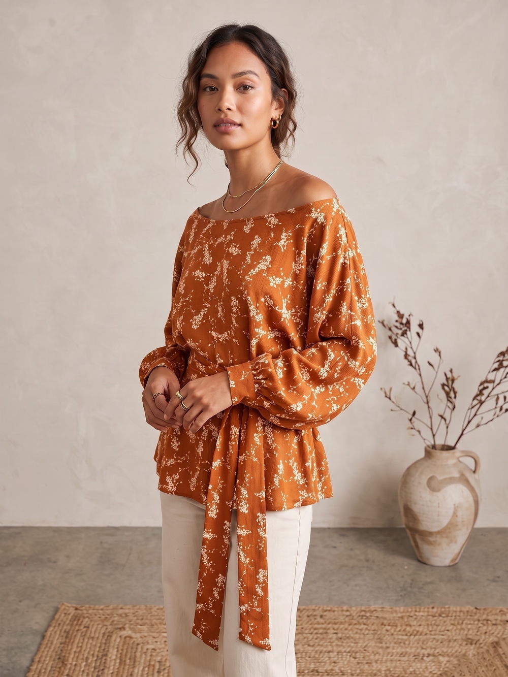 Anthropologie Rust Orange Floral Off Shoulder Blouse Tie Waist Boho Top Small